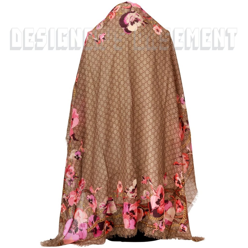 GUCCI pink Oshibana Flowers PANSHIE GG gold Chains giant 53"-square wool scarf - Picture 7 of 10